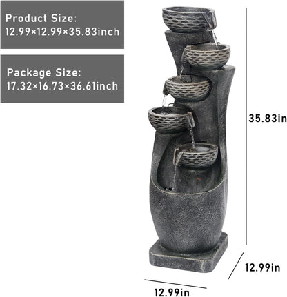 35.83''H Indoor Outdoor Modern Water Fountain 6-Tiers Garden Cascading Fountains Curve Shape Floor Standing Waterfall Water Feature with LED Light for Yard Deck Patio Home Art Decor