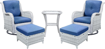 Outdoor Swivel Rocker Furniture 5 Pieces Patio Wicker Furniture Sets, Rattan Patio Swivel Glider Chairs with 2 Ottoman and Glass Side Table