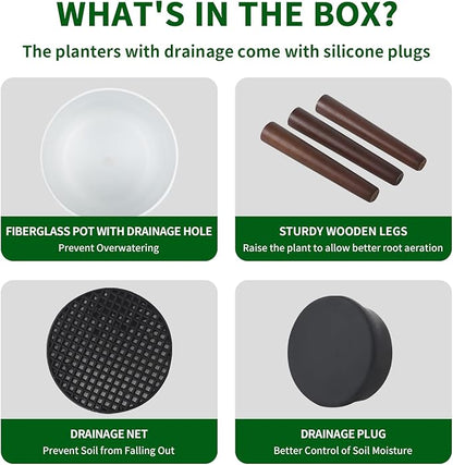 12inch Plant Pots with Wood Planter Holder Indoor Flower Pot with Gold Floral Embossed Modern Planters with Drainage Holes for Living Room, Office, Garden or Balcony