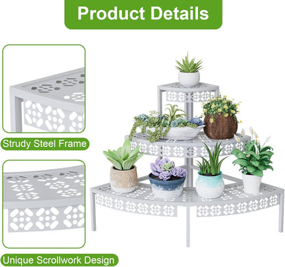 3 Tier Plant Stand Semi-Circular Flower Pot Organizer Rack Quarter Round Plant Display Holder Outdoor Storage Shelves Metal Corner Shelf Planter Shelving Ladder Plant Stand for Indoor Use(White)