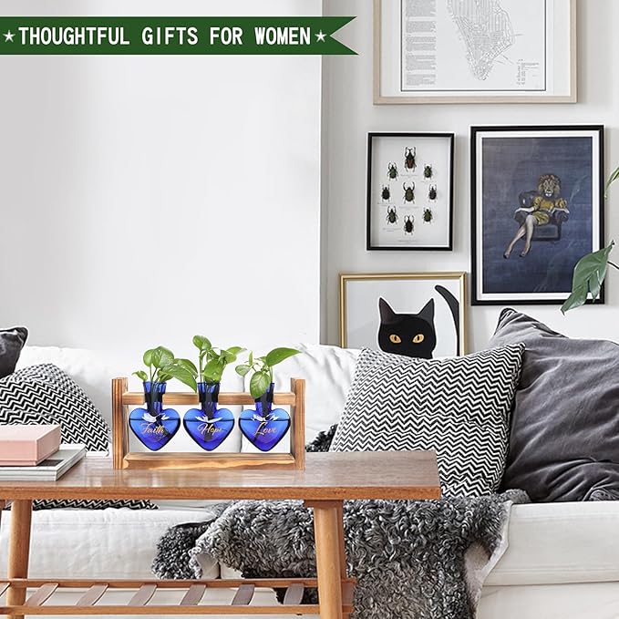 Plant Terrarium Propagation Stations Faith Hope Love Hydroponics Home Garden Decoration Gift for Women with Wooden Stand Heart Shaped Colored Glass Vase