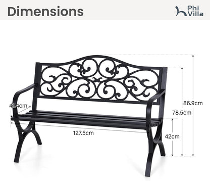 PHI VILLA 50-Inch Cast Iron Steel Frame Garden Bench Outdoor Patio Bench Chair w/Floral Design Backrest, Slatted Seat for Park, Yard & Porch, Black