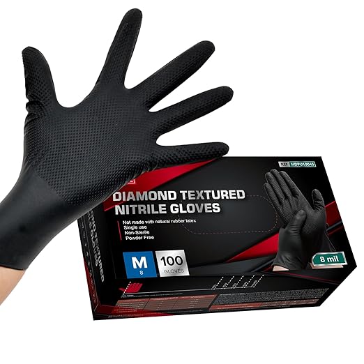 Jointown Basic Heavy Duty Nitrile Gloves, Mechanic Gloves 8 Mil Nitrile Disposable, with Raised Diamond Texture, Case of 100, Black, Medium