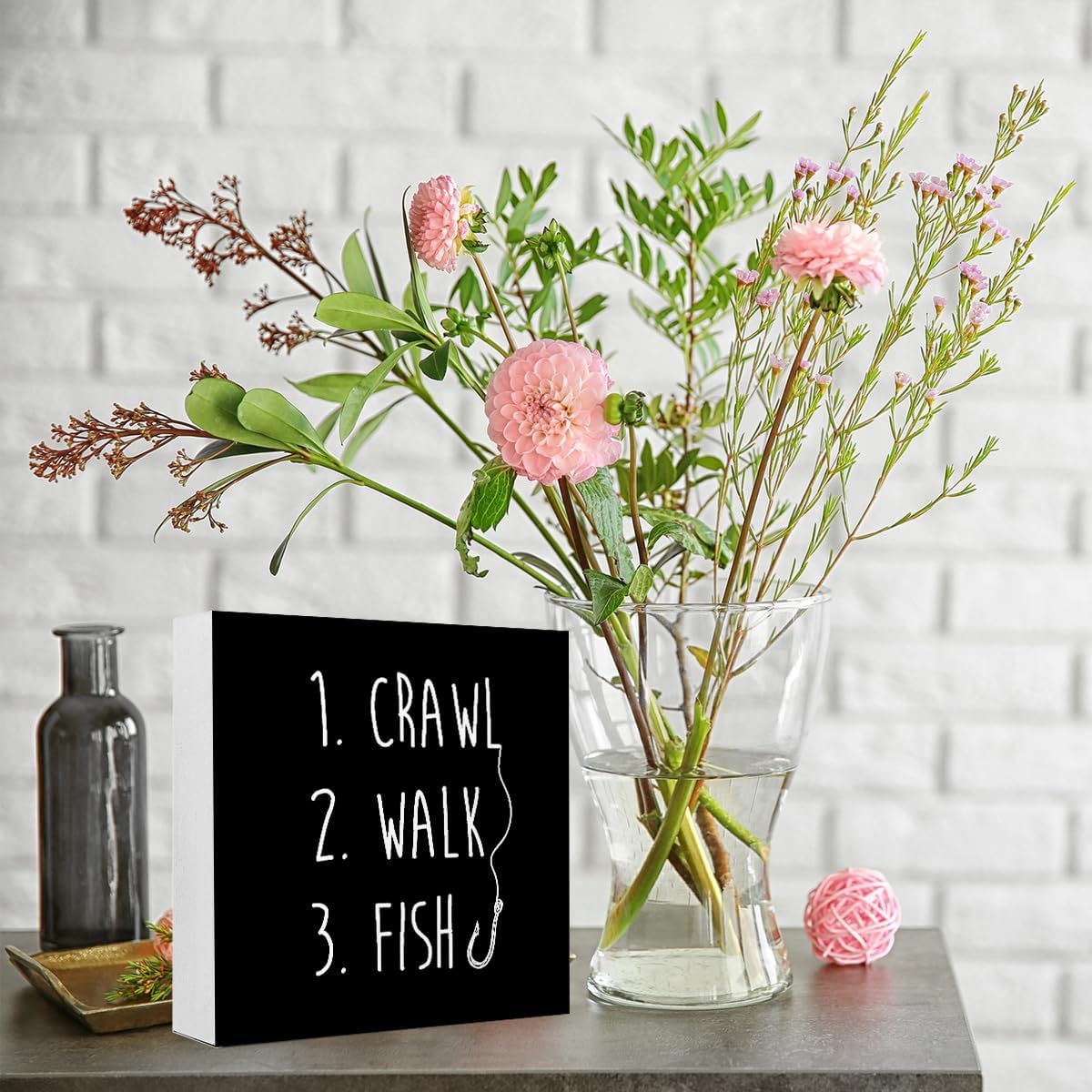 Black Crawl Walk Fish Rustic Wooden Sign, Funny Baby Fishing Wood Block Desk Decor for Home Bedroom Baby Room Shelf Table