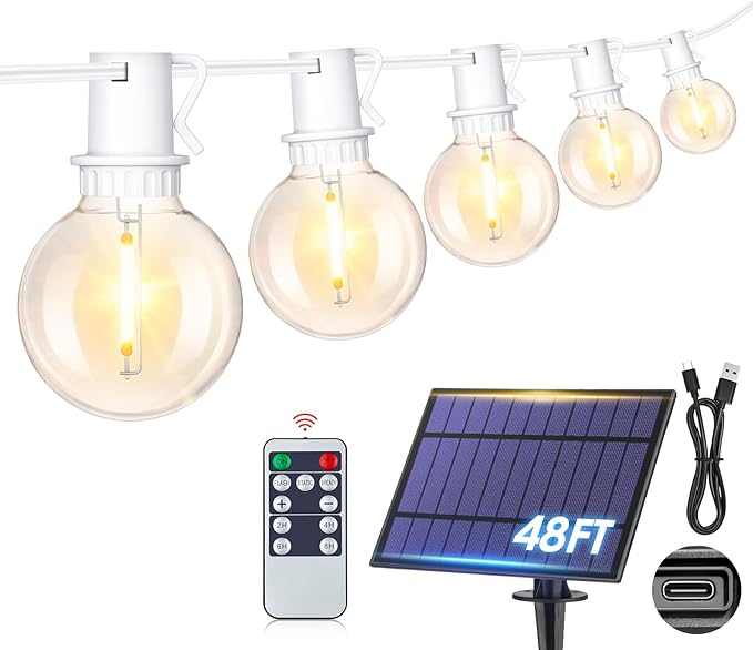 Mlambert 48Ft Solar String Lights, Outdoor Waterproof Patio Lights with 18 Shatterproof G40 Bulbs(1 Spare), Led Light for Backyard-White Wire