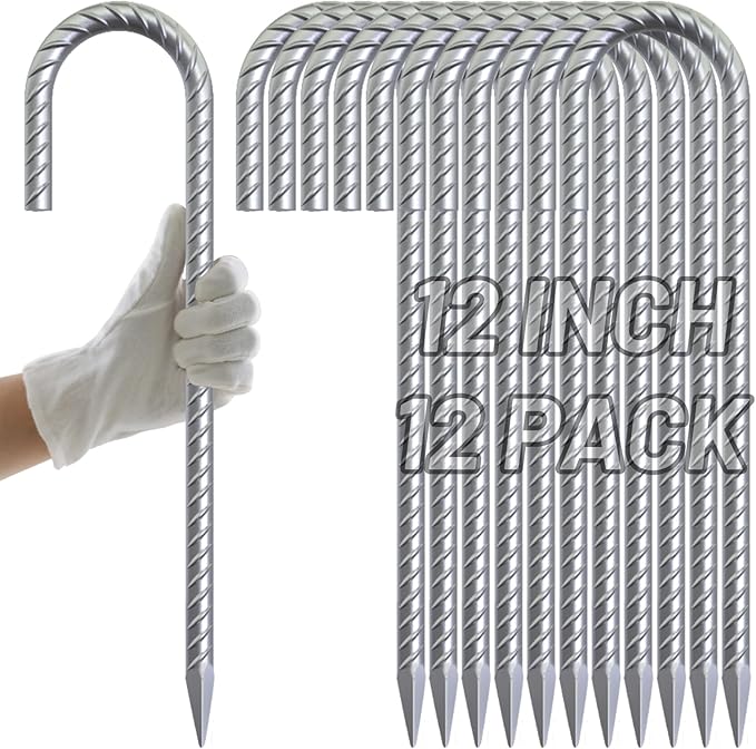 AAGUT Rebar Stakes 12 Inch J Hook Heavy Duty 12 Pack, 3/8 Inch Galvanized Metal Steel Ground Anchors Chain Link Fence Stakes for Camping Tent, Inflatables, Yard Decorations, Canopies & Swing Sets