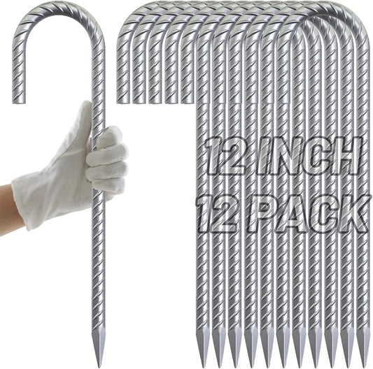 AAGUT Rebar Stakes 12 Inch J Hook Heavy Duty 12 Pack, 3/8 Inch Galvanized Metal Steel Ground Anchors Chain Link Fence Stakes for Camping Tent, Inflatables, Yard Decorations, Canopies & Swing Sets