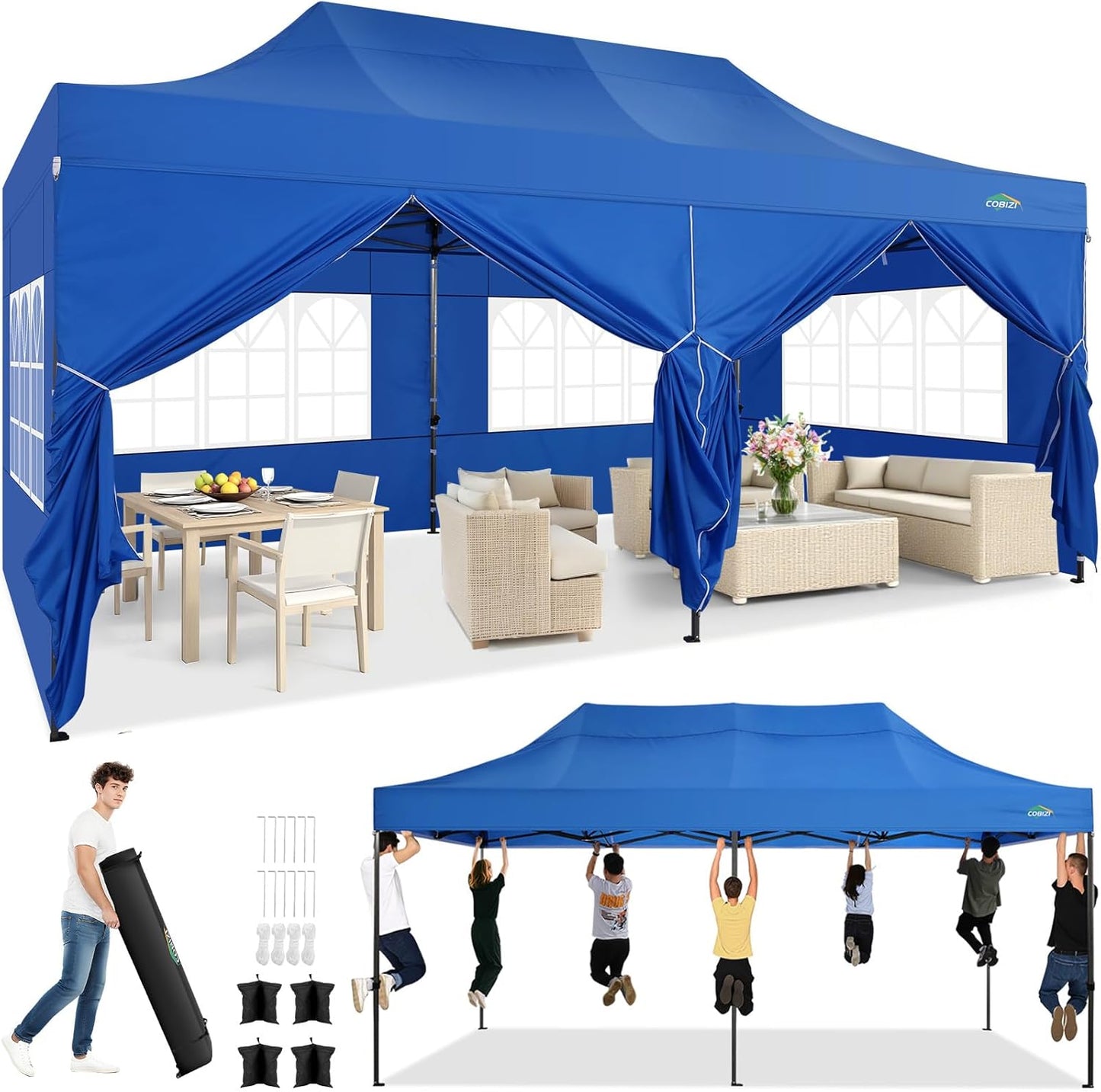 COBIZI 10x20 Pop up Canopy Tent Heavy Duty with 6 Sidewalls, Easy Set-up Commercial Outdoor Party Tent, 100% Waterproof Wedding Tent Gazebo, 3 Height Adjustable with Wheeled Bag, Blue