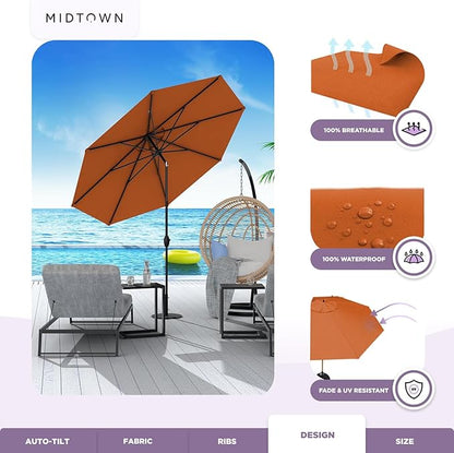 Midtown Umbrellas Sunbrella Umbrella 9 Feet Outdoor Umbrella With Terracotta Acrylic Fabric - Auto-Tilt Aluminum Frame Patio Umbrella For Backyard, Deck, Garden, Pool - Black Pole