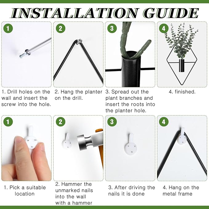 Jexine Hanging Planters with Artificial Eucalyptus Metal Hanging Vase Indoor Plants Holder Modern Geometric Boho Bathroom Wall Decor for Living Room Home Office (Black,4 Pcs)