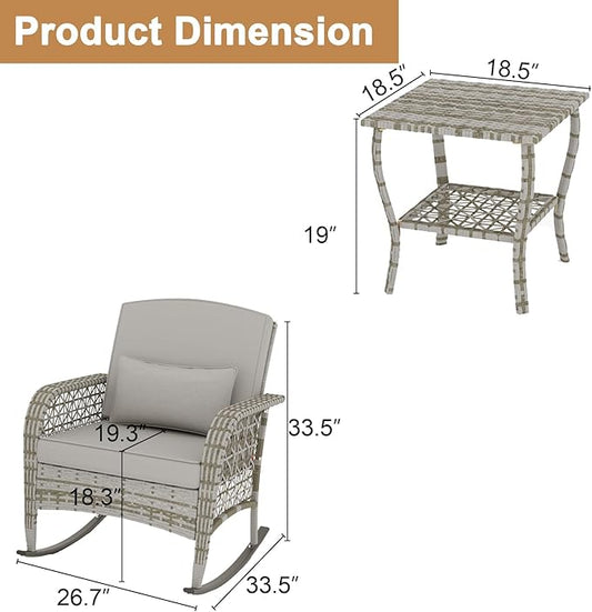 DECMICO 3-Piece Rattan Rocking Chair Set, PE Patio Bistro Furniture with Cushions & Coffee Table for Garden Backyard Porch, Light Grey