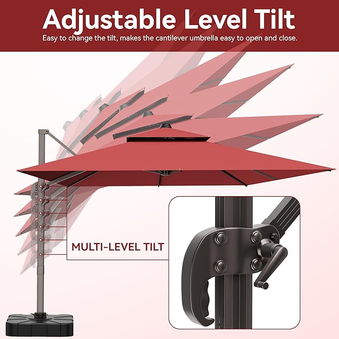 9x12 FT Patio Umbrella with base, Large Cantilever Rectangular Double Top Heavy Duty Offset Umbrellas with 360° Rotation, Outdoor shade for Garden Deck Pool, Red
