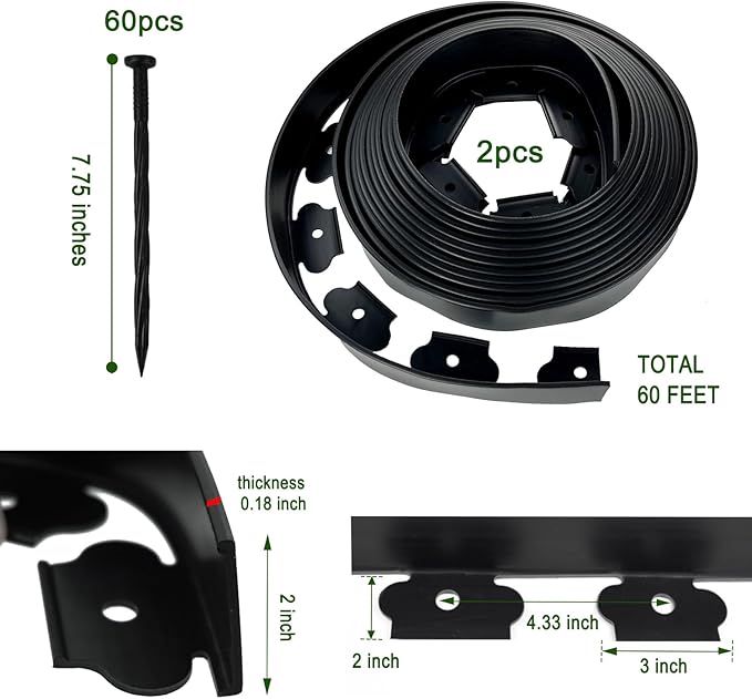 Hugeleaf Landscape Edging 2 Inch Tall 60 Feet Garden Edging Border with 60pcs Stakes, Plastic Edging for Landscaping,Lawn,Flower Beds, Paver Edging (Black)