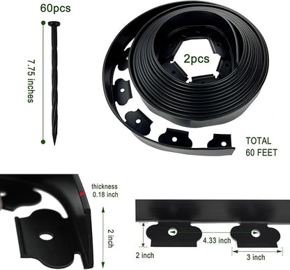 Hugeleaf Landscape Edging 2 Inch Tall 60 Feet Garden Edging Border with 60pcs Stakes, Plastic Edging for Landscaping,Lawn,Flower Beds, Paver Edging (Black)