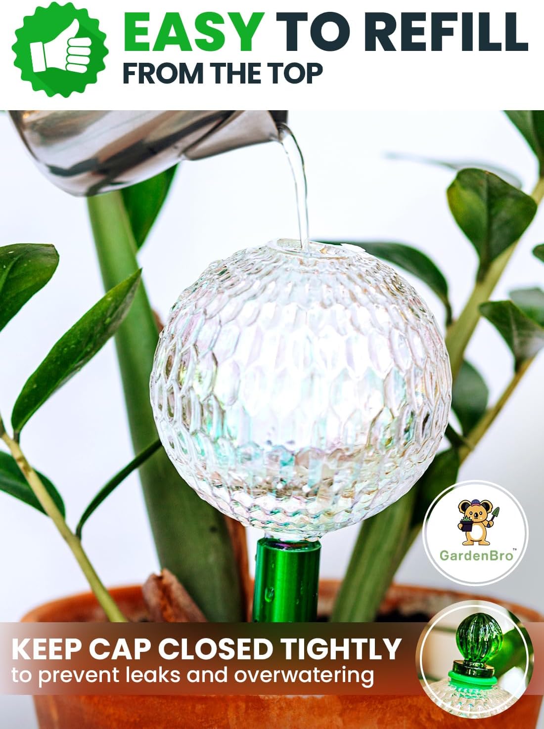 16 Oz Plant Watering Globes for Indoor Plants with Metal Self Watering Planter Insert - Premium XL Glass Hand-Blown Globe - Automatic Plant Waterer Indoor, Gift Idea for Gardeners [1 Globe, Textured]