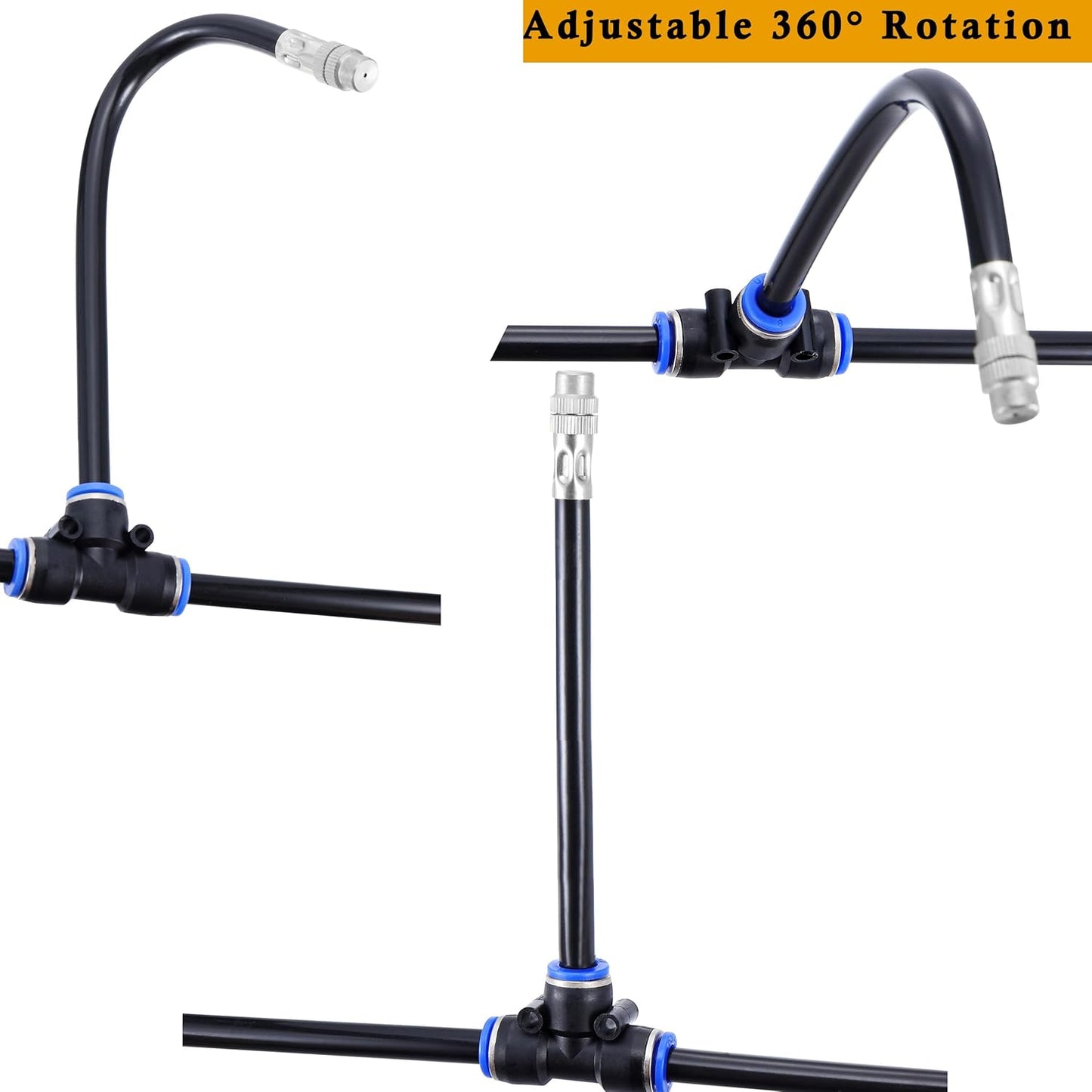 Mornajina 5Packs Brass Misting Nozzles Tee with 12inch Built in Hose for Outdoor Cooling System, Adjustable 360° Rotation, Water Mister Nozzles Thread Sprayer 0.043" (1.1 mm)