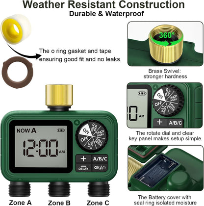 3 Outlet Sprinkler Timer Brass, Programmable Garden Hose Timer with Rain Delay, Manual& Automatic Watering System, Waterproof Gardening Supplies Irrigation Controller for 3 Separate Water Zones
