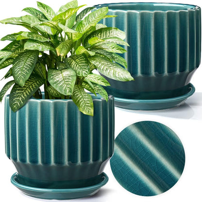 AISBUGUR Plant Pots 6 inch Ceramic Pots for Indoor Plants Set of 2 Flower Pots Unique Crackle Glaze Design Plant Pots with Drainage Hole and Saucer Come with Drainage Nets (Aqua Green)