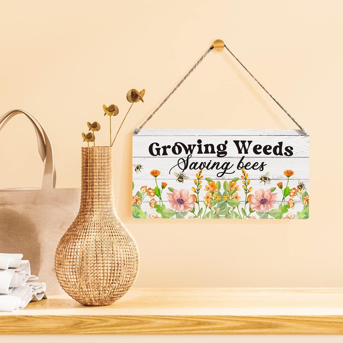 Garden Sign Gift Farmhouse Growing Weeds Saving Bees Wooden Hanging Sign Plaque Colourful Rustic Wall Art Decor for Home Garden Decoration 12 x 6 Inches
