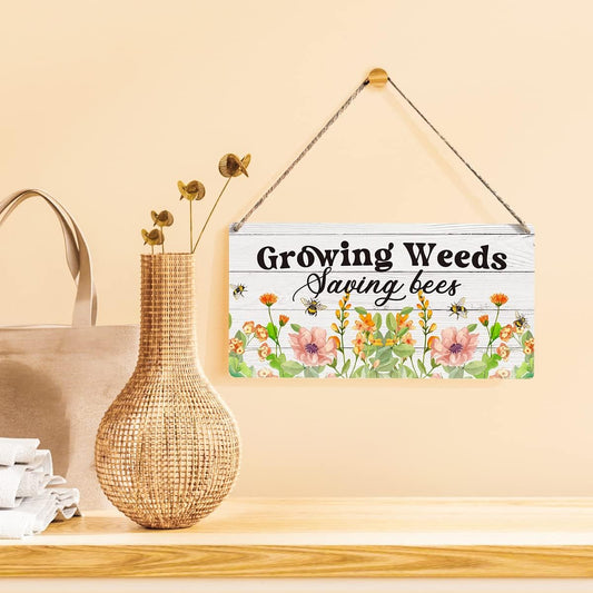 Garden Sign Gift Farmhouse Growing Weeds Saving Bees Wooden Hanging Sign Plaque Colourful Rustic Wall Art Decor for Home Garden Decoration 12 x 6 Inches
