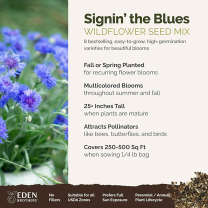 Eden Brothers Singin the Blues Wildflower Mixed Seeds for Planting, 1/4 lb, 120,000+ Seeds with Blue Flax, Lupine, Chicory, Attracts Pollinators, Plant in Spring or Fall, Zones 3, 4, 5, 6, 7, 8, 9, 10