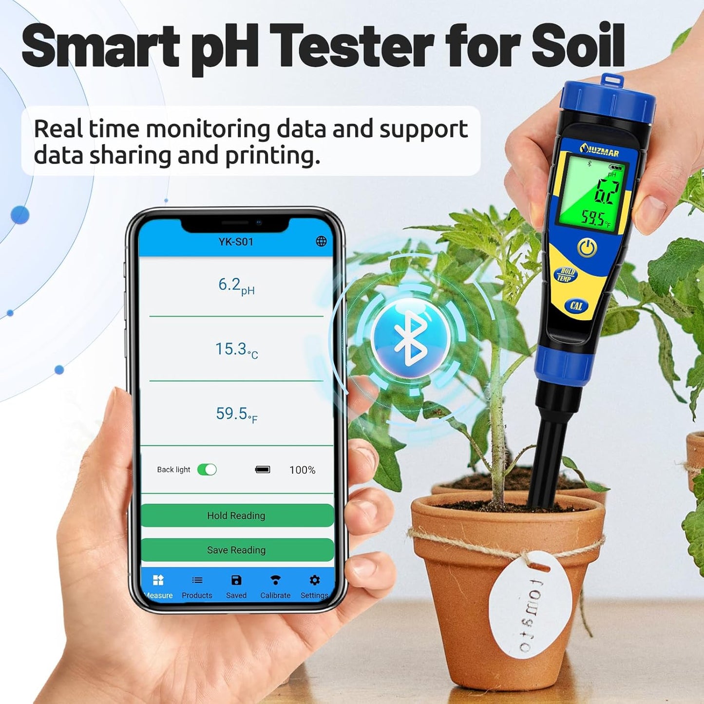 Smart Soil pH Meter for Garden Lawn Digital Soil pH Test Kit for Indoor Plants Soil pH Tester for Grass, Greenhouse, Outdoor, Farming, Yard Plants Measuring Soil pH for House Plant