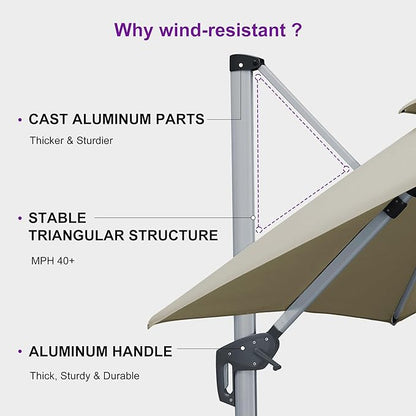 PURPLE LEAF 12ft Patio Umbrella Outdoor Square Umbrella Large Cantilever Umbrella Windproof Offset Heavy Duty Sun Garden Deck Pool Patio, Spectrum Sand
