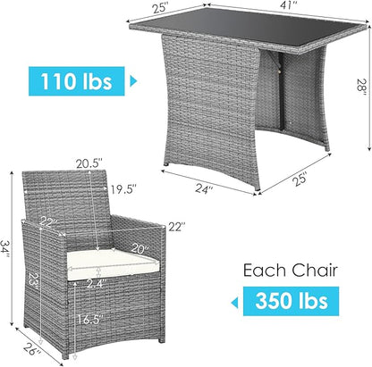 Tangkula 3 Pieces Patio Dining Set, Patiojoy Space-Saving PE Rattan Bistro Set with Tempered Glass Top Table and Cushioned Chairs, Outdoor Conversation Set for Garden, Backyard, Poolside, Porch