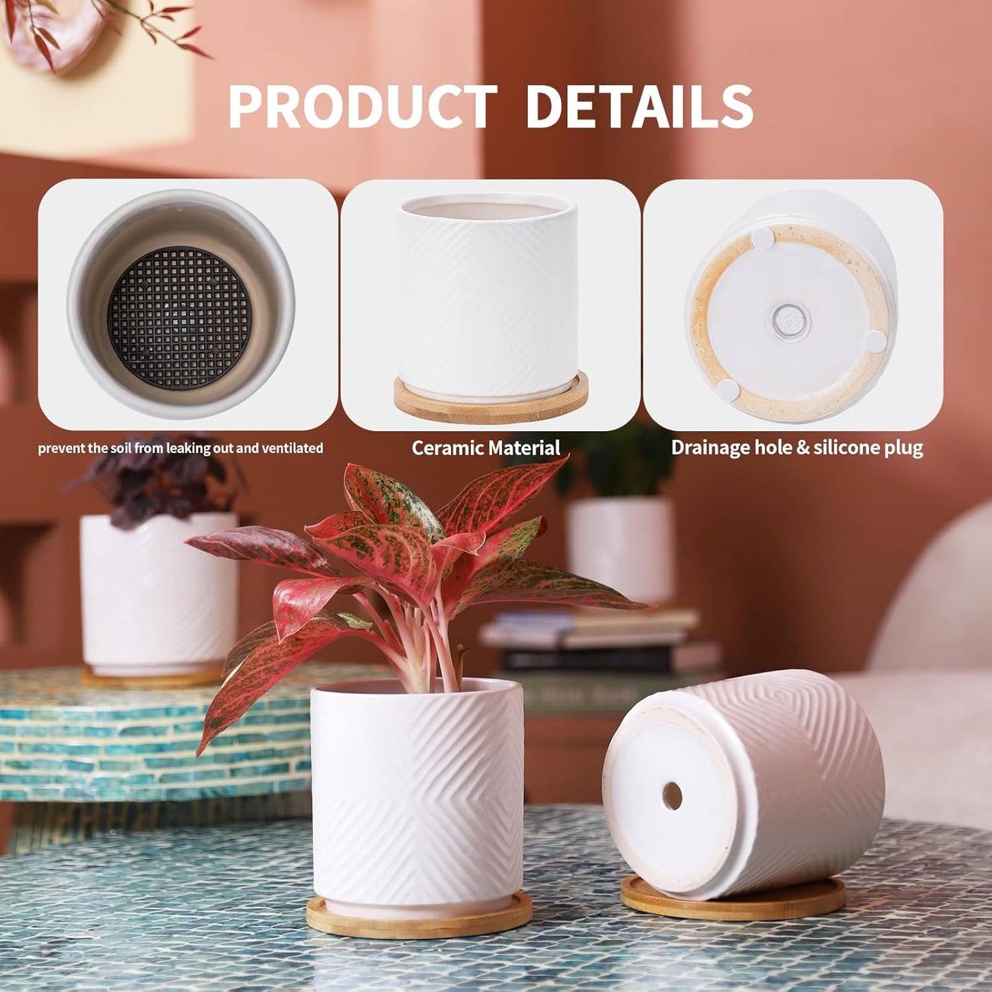 5.25 Inch Ceramic Planter Pot for Indoor Plants with Drainage Holes, Geometry Design White Flower Planter Pots with Bamboo Saucer, for Succulent, Snake Plants, Cactus & Herbs, Set of 4