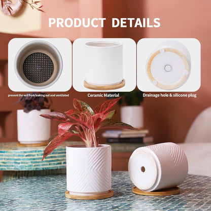 5.25 Inch Ceramic Planter Pot for Indoor Plants with Drainage Holes, Geometry Design White Flower Planter Pots with Bamboo Saucer, for Succulent, Snake Plants, Cactus & Herbs, Set of 4