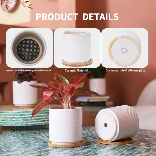 5.25 Inch Ceramic Planter Pot for Indoor Plants with Drainage Holes, Geometry Design White Flower Planter Pots with Bamboo Saucer, for Succulent, Snake Plants, Cactus & Herbs, Set of 4