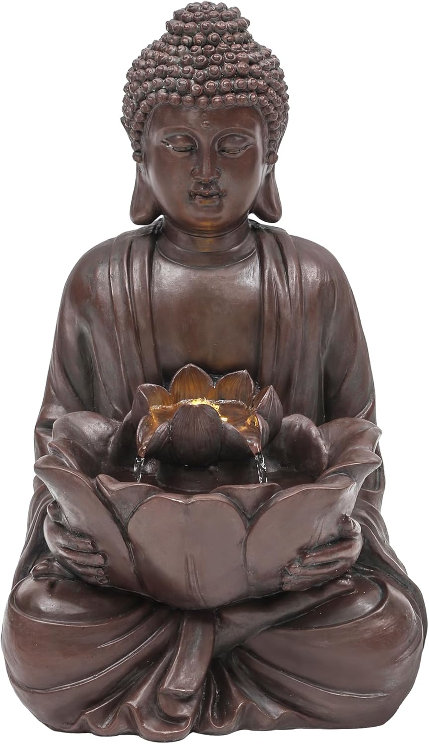18.9" H Buddha Outdoor Water Fountain with LED Lights and Pump,Zen Style Relaxing Garden Fountain Waterfall for Patio, Porch, or Yard, Faux Bronze