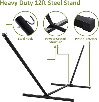 SUNCREAT Portable Double Hammock with Stand, 475 lbs Capacity, Heavy Duty Two Person Hammock with Stand Included, Green Stripe