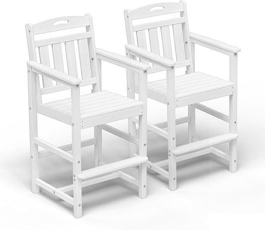 HDPE Outdoor Patio Tall Adirondack Bar Chairs Set of 2, All-Weather Bar Height Balcony Adirondack Stools for Bistro, Garden, Backyard, Pool, Deck | White