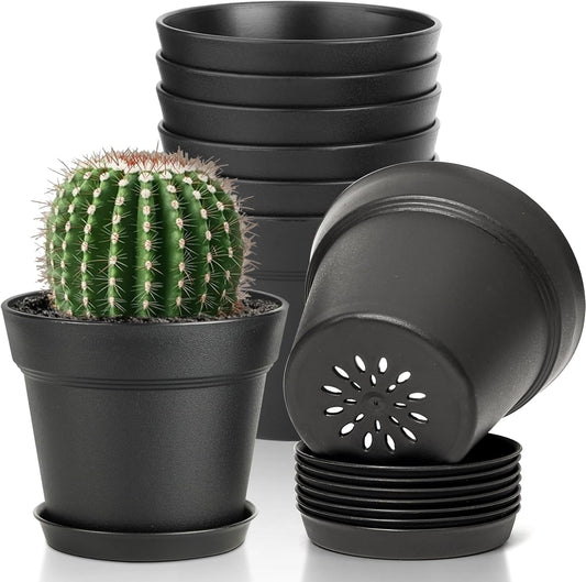 T4U 4 Inch Plant Pots 8-Pack, Small Flower Pots with Drainage Hole and Saucer, Decorative Nursery Pot Bulk for African Violet, Snake Plant, Succulent, Herb and Plants Indoor (8 Pcs 4" Pots, Black)