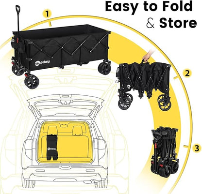 Sekey 48''L Collapsible Foldable Extended Wagon with 440lbs Weight Capacity, Heavy Duty 300L Folding Utility Garden Cart with Big All-Terrain Beach Wheels & Drink Holders. Black