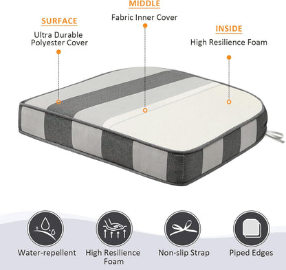 Round Corner Seat Cushions, 17" x 16" x 2", Set of 4, Indoor Outdoor Water Repellent Universal Chair Pads with Ties for Patio Furniture, Garden Deck Dining Chairs, Gray Stripe