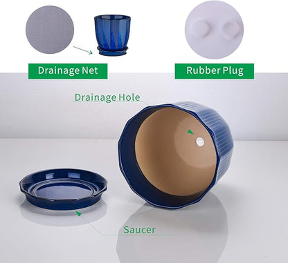 ADN Large Plant Pot Indoor Planters Ceramic Pot for Plants with Drainage Hole and Saucer for Flowers and Plants, Navy, 8 Inch