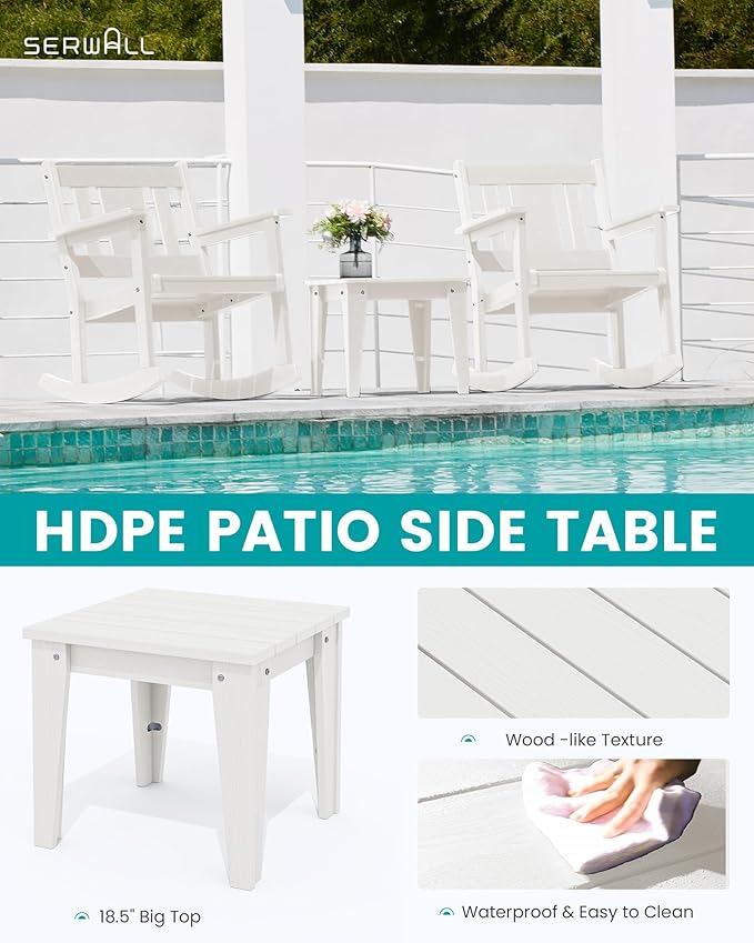 SERWALL 3 Piece Rocking Bistro Set, HDPE Outdoor Patio Table and Chairs, All Weather Outdoor Rocking Set for Backyard,Porch, Poolside, Balcony, and Garden- White