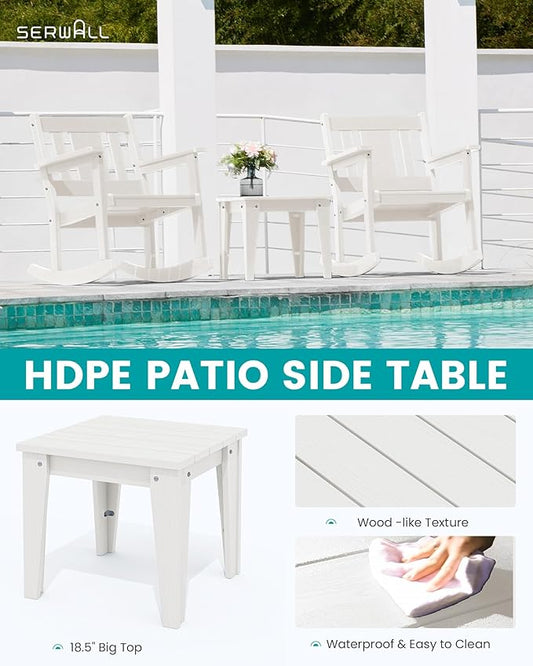 SERWALL 3 Piece Rocking Bistro Set, HDPE Outdoor Patio Table and Chairs, All Weather Outdoor Rocking Set for Backyard,Porch, Poolside, Balcony, and Garden- White