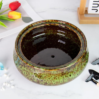 ARTKETTY Succulent Pots - 8 Inch Plant Pot, Large Bonsai Pots with Drainage, Ceramic Planters for Indoor Outdoor Plants, Round Shallow Cactus Flower Plant Container Bowl Decorative Home Garden