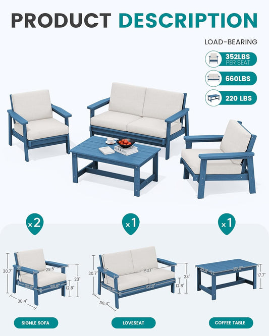 SERWALL 4 Piece HDPE Outdoor Furniture Set, All Weather Wood-Like Outdoor Sofa Sectional Couch, Bllue Patio Furniture Set with Khaki Cushions
