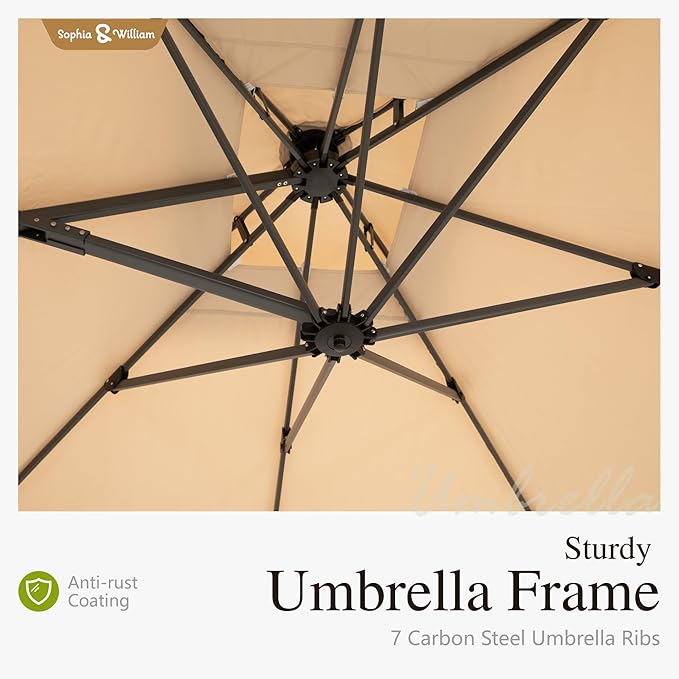 Sophia & William Cantilever Patio Umbrella 10ft, Offset Large Square Outdoor Umbrellas with 360-degree Rotation, Heavy Duty Windproof for Garden Pool Backyard, Beige with Base