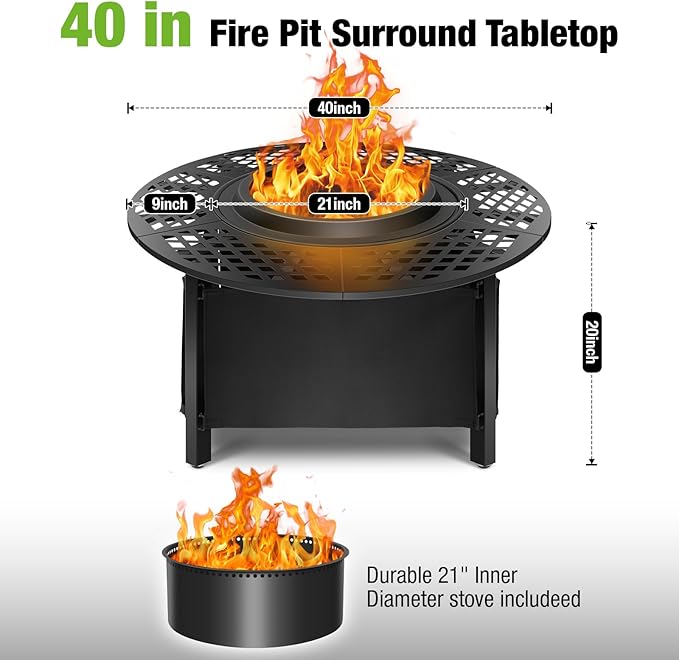 hykolity 40 inch Smokeless Fire Pit Surround Table, 3 in 1 Outdoor Fire Pit with Side Table& Grill.Fueled by Pellets or Wood.Outdoor Smokeless FirePit with Stove,for Patio, Backyard, Camping