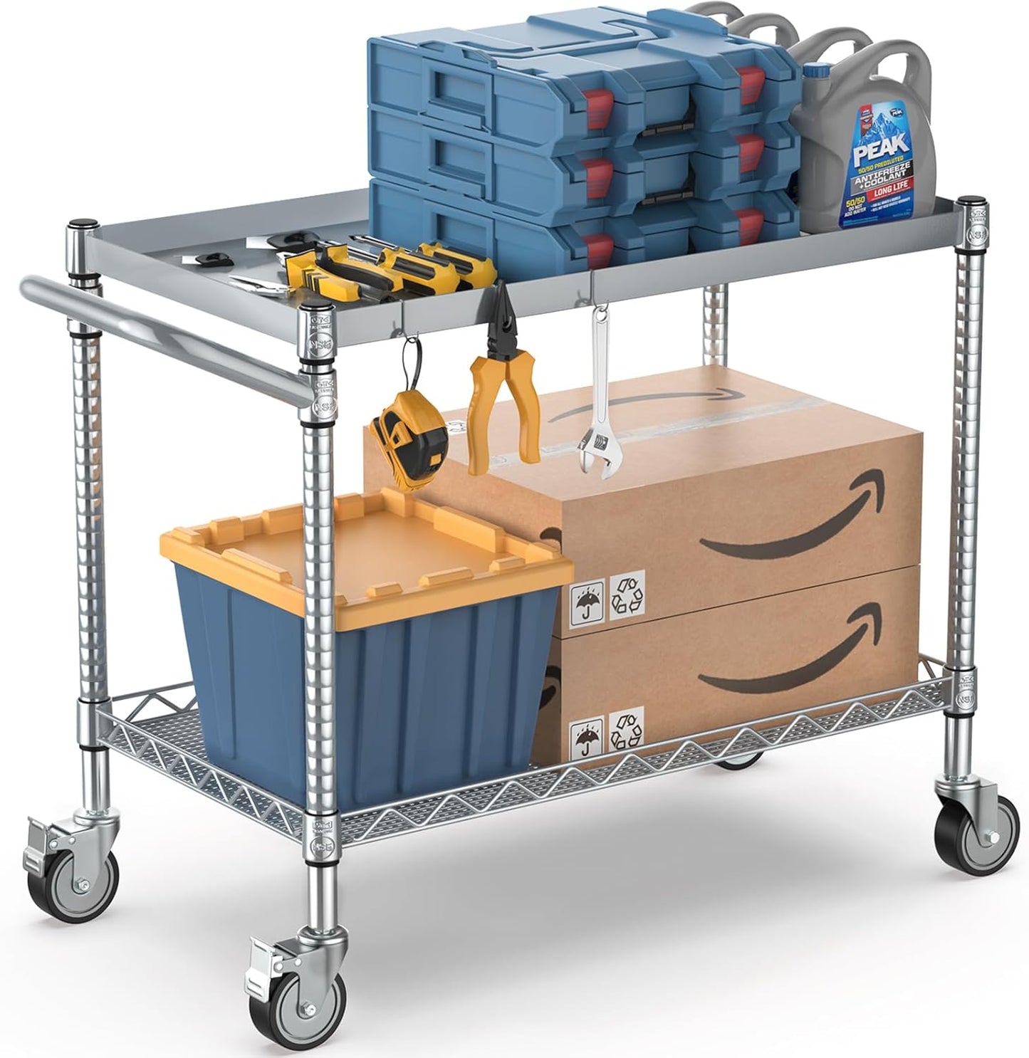 Leteuke 2 Tier Utility Tool Cart with Wheels, 900LBS Capacity Heavy Duty Rolling Utility Carts with Handle, Commercial Grade Metal Serving Storage Cart for Warehouse Garage Kitchen,Silver