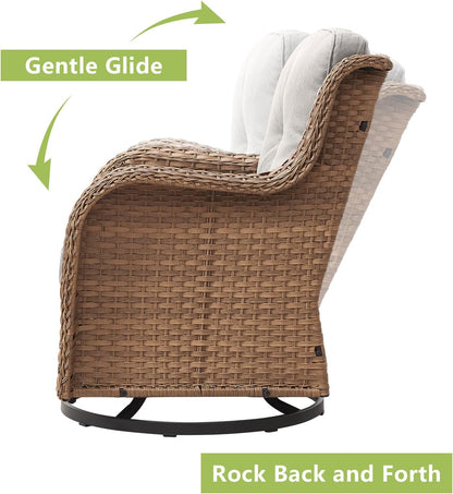 Outdoor Wicker Patio Furniture Set - 6 Piece Rattan Patio Conversation Set with 2 Rocking Swivel Chairs,2 Ottomans,1 Sofa and 1 Coffee Table for Porch Deck Backyard Garden(Yellow/Beige)