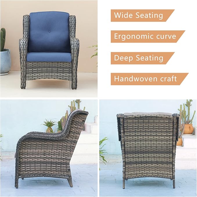 Rilyson Outdoor Patio Wicker Furniture Set - 5 Piece Rattan Patio Conversation Sectional Sofa Set with 1 Couch,2 Armchairs,2 Ottomans for Porch Deck Garden(Mixed Grey/Blue)