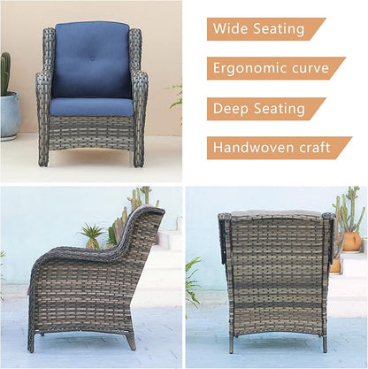 Rilyson Outdoor Patio Wicker Furniture Set - 5 Piece Rattan Patio Conversation Sectional Sofa Set with 1 Couch,2 Armchairs,2 Ottomans for Porch Deck Garden(Mixed Grey/Blue)