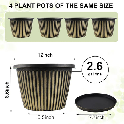 12 inch Planter Indoor Outdoor Plant Pots, 4 Pack Large Plastic Flower Pots with Saucer and Drainage Holes, Decorative Modern Garden Pots for Houseplants