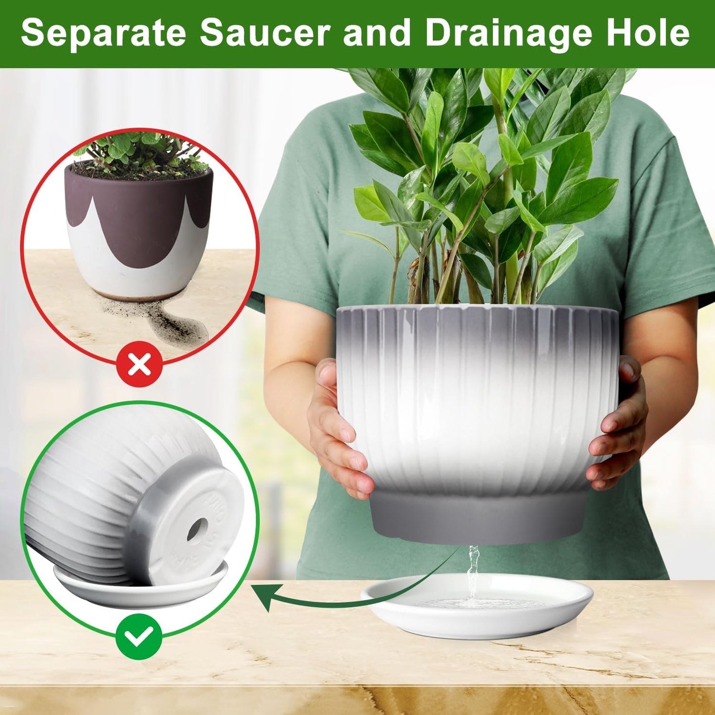 8 Inch Plant Pot, Ceramic Planter with Drainage and Saucer, Ceramic Pots for Plants, Indoor Plant pots,Ceramic Flower pots(Gray + White, Plants NOT Included)